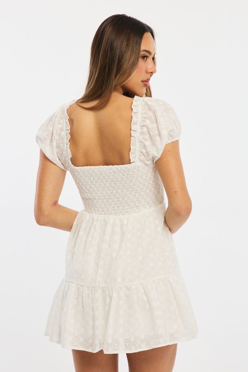 White Fit And Flare Dress Puff Sleeve Eyelet Fabric