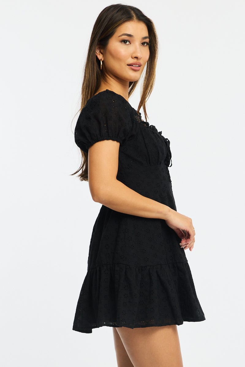 Black Fit And Flare Dress Puff Sleeve Eyelet Fabric for Ally Fashion