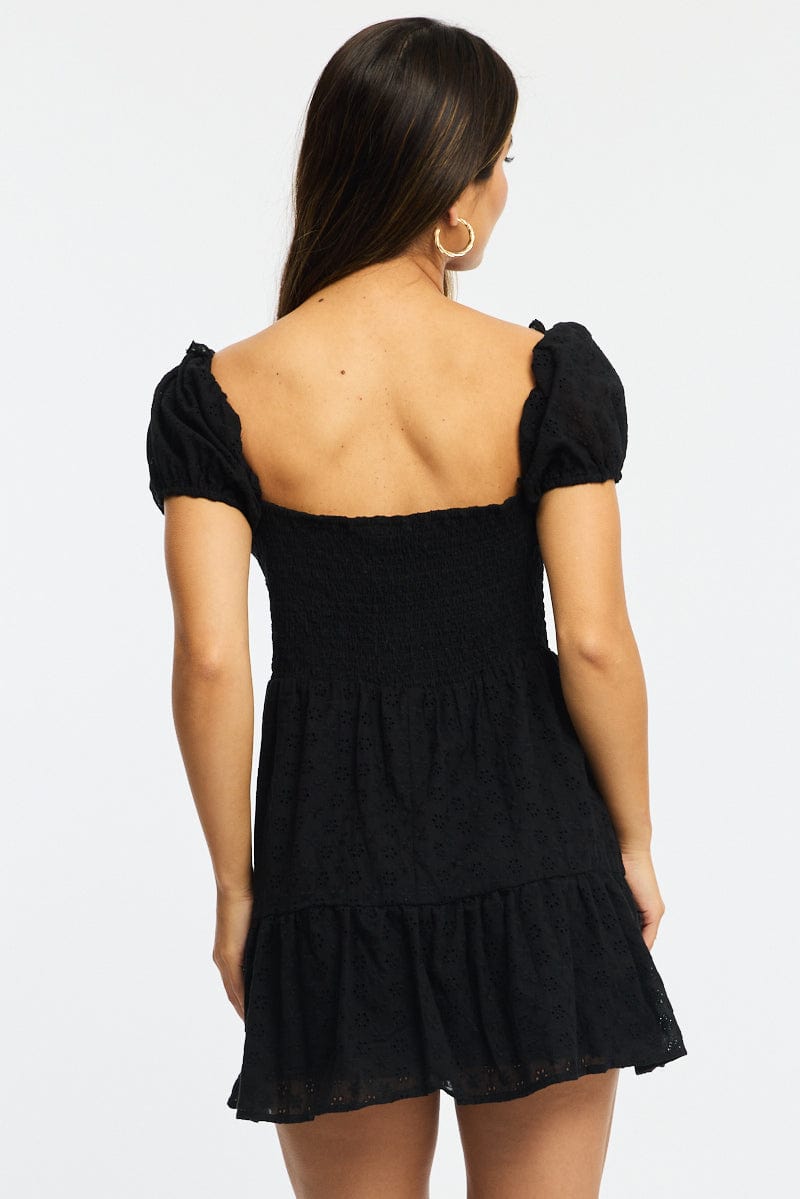 Black Fit And Flare Dress Puff Sleeve Eyelet Fabric for Ally Fashion