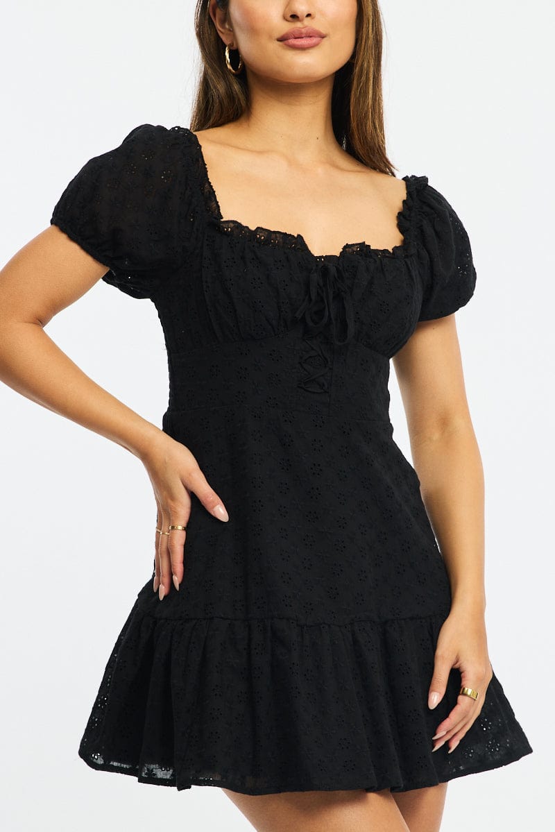 Black Fit And Flare Dress Puff Sleeve Eyelet Fabric Ally Fashion