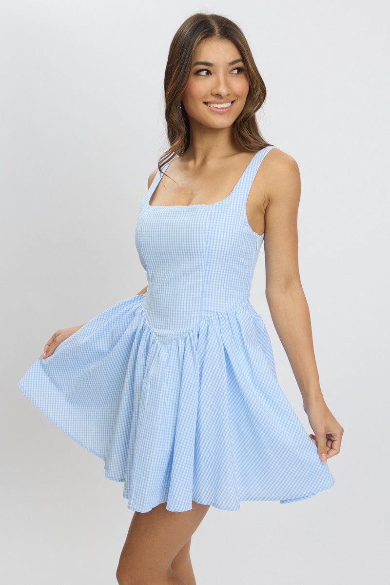 Blue Check Fit And Flare Dress Mini for Ally Fashion