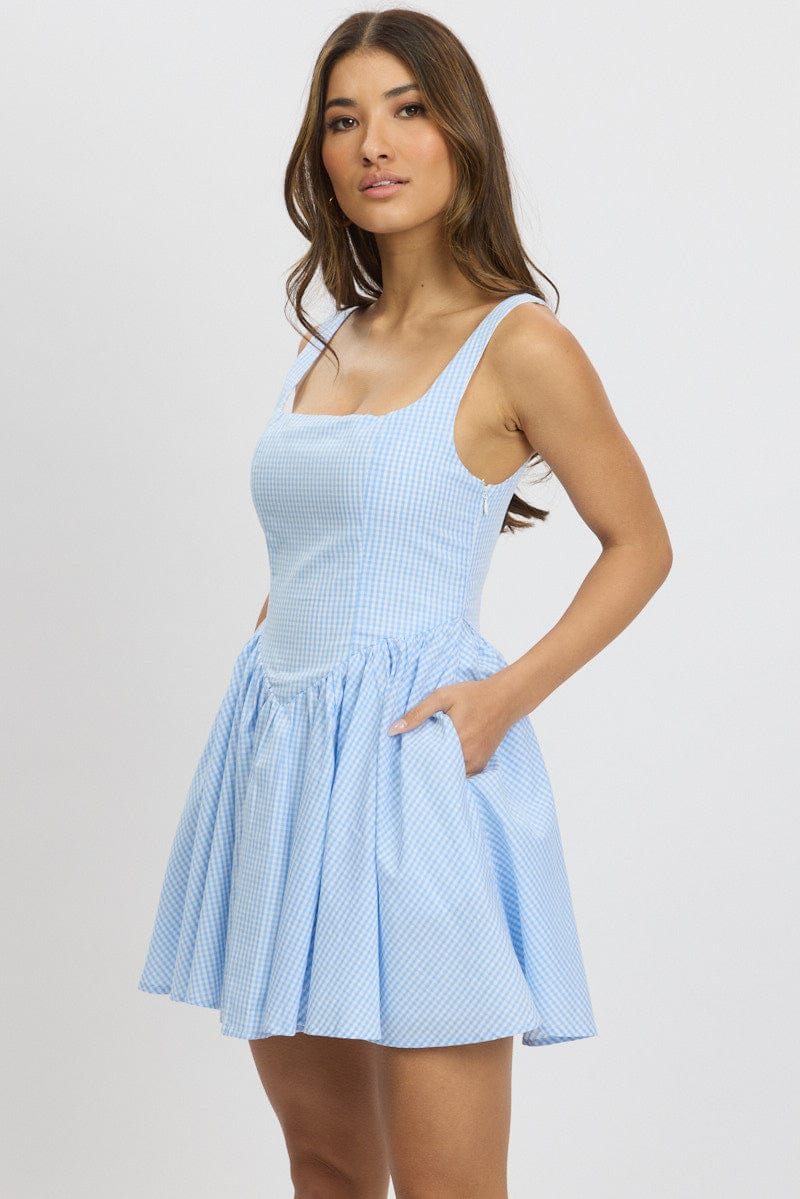 Blue Check Fit And Flare Dress Mini for Ally Fashion