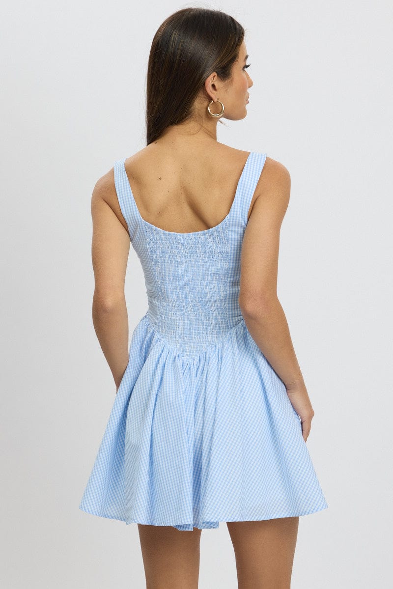 Blue Check Fit And Flare Dress Mini for Ally Fashion