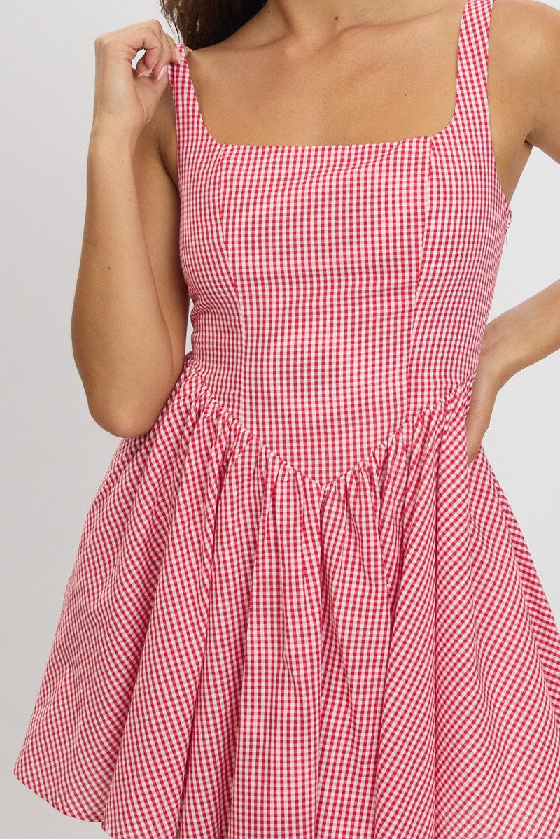 Red Check Fit And Flare Dress Mini for Ally Fashion