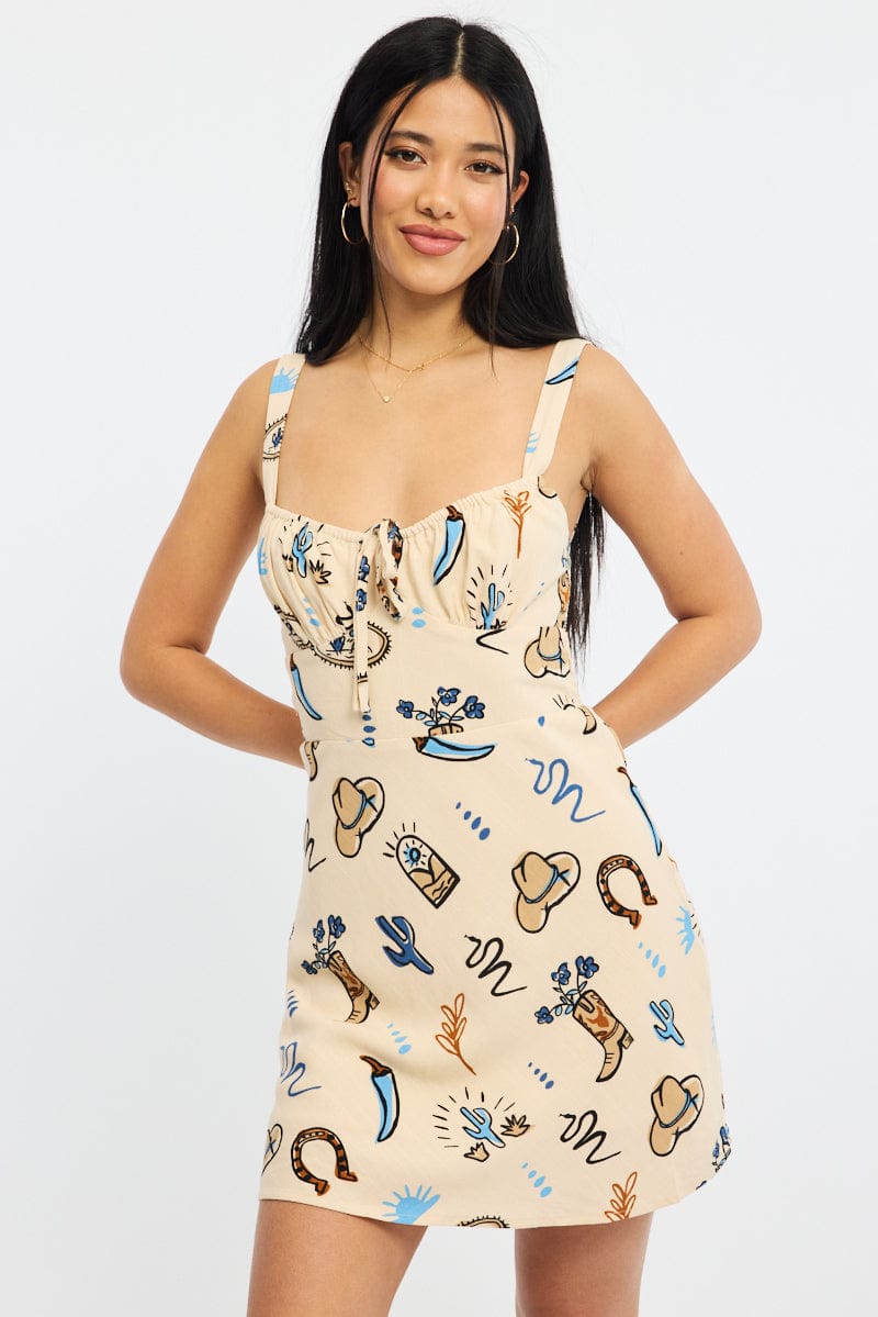 Beige Abstract Mini Dress Sleeveless for Ally Fashion