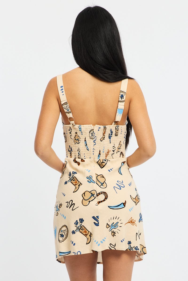 Beige Abstract Mini Dress Sleeveless for Ally Fashion