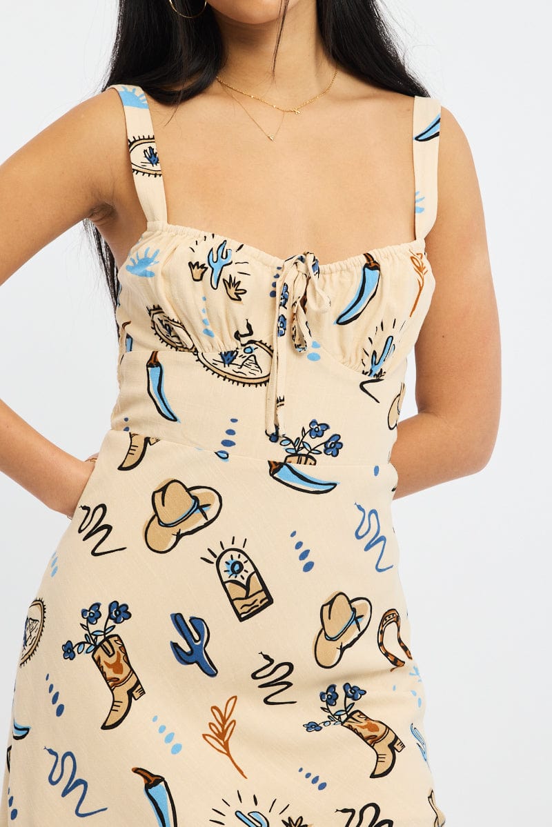 Beige Abstract Mini Dress Sleeveless for Ally Fashion