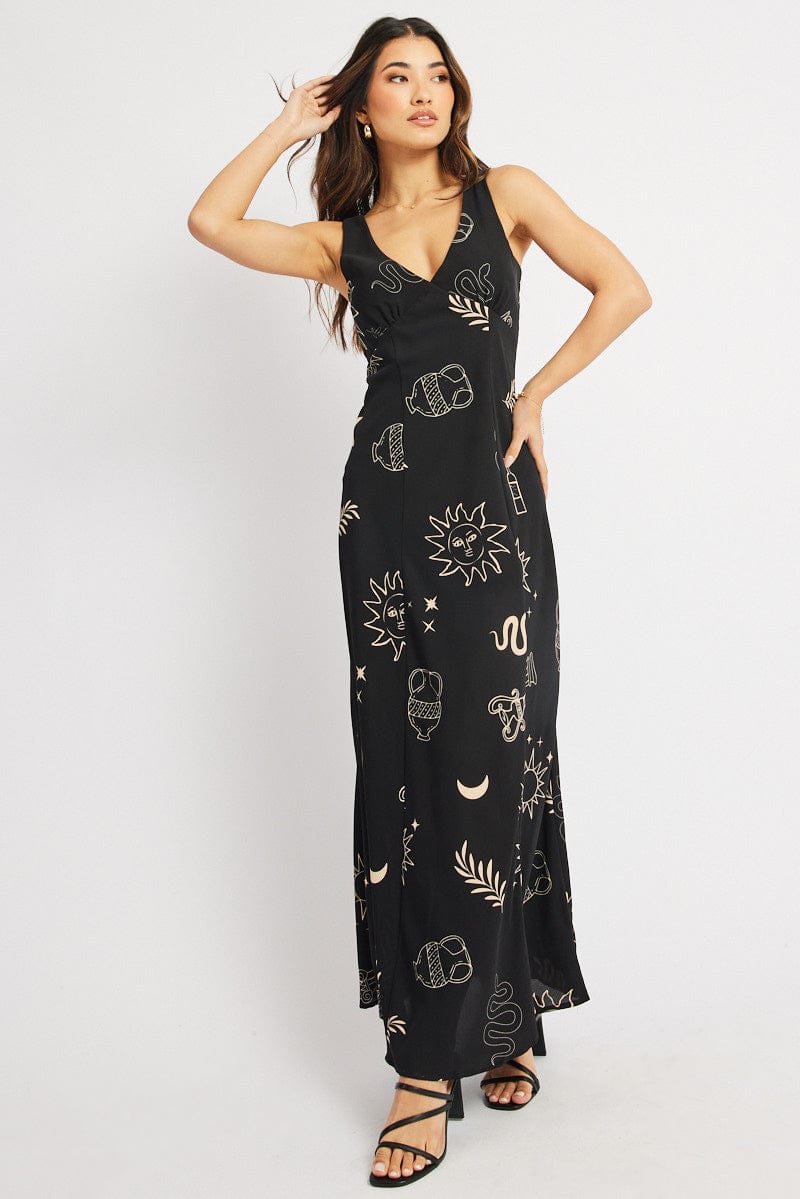 Black Abstract Midi Dress V Neck Sleeveless for Ally Fashion