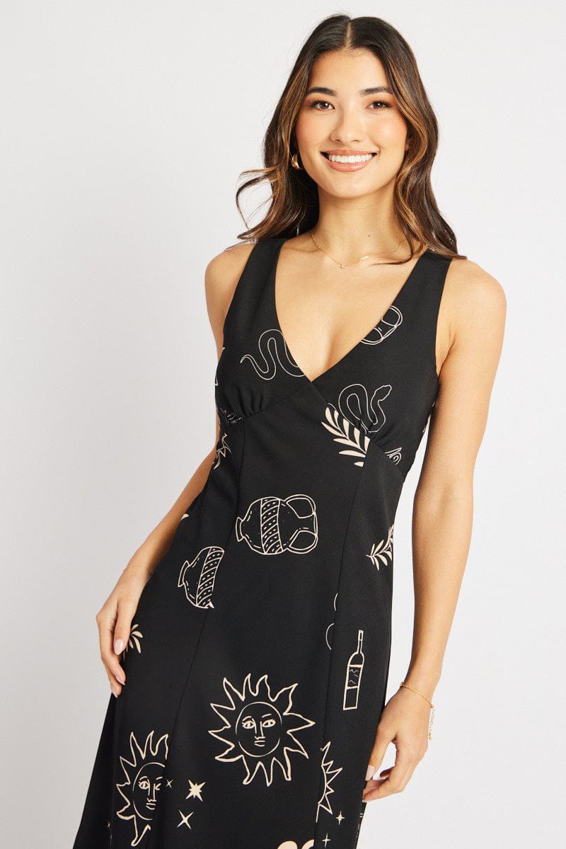 Black Abstract Midi Dress V Neck Sleeveless for Ally Fashion