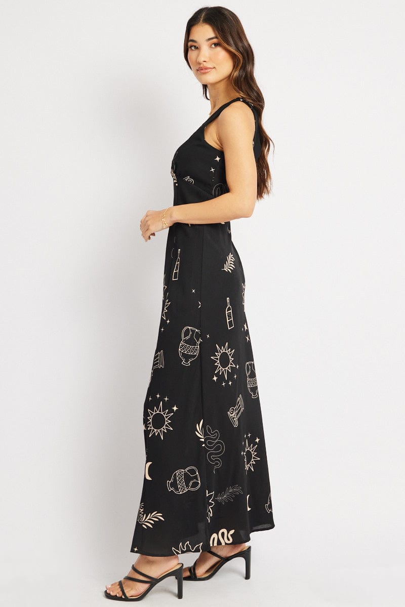 Black Abstract Midi Dress V Neck Sleeveless for Ally Fashion