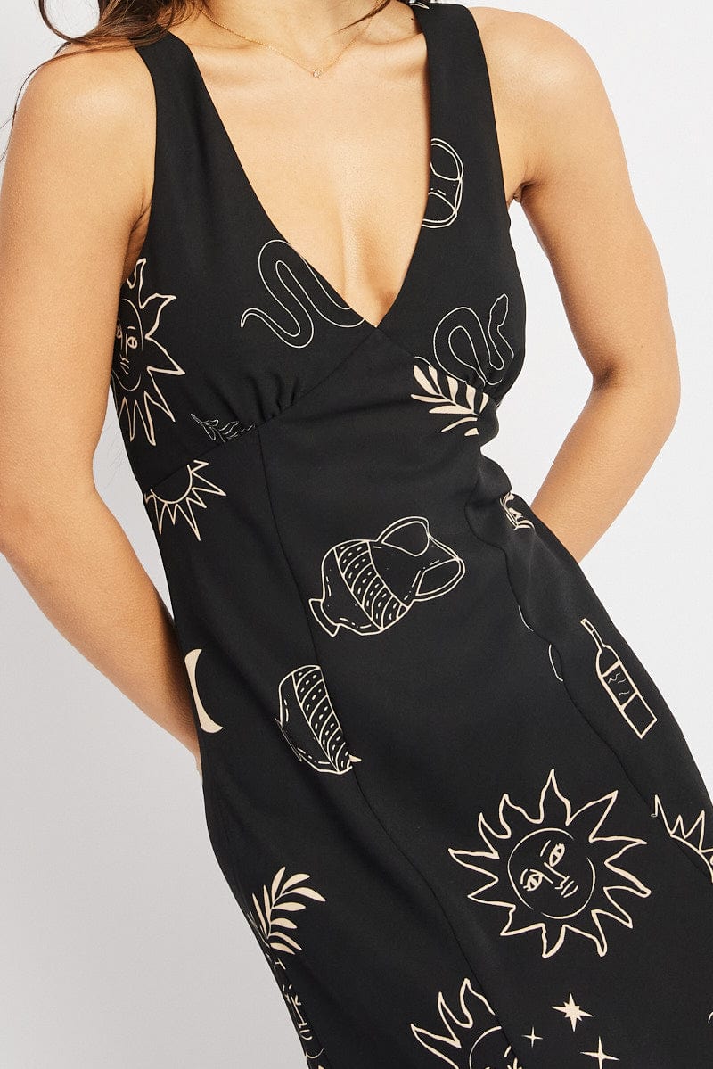 Black Abstract Midi Dress V Neck Sleeveless for Ally Fashion