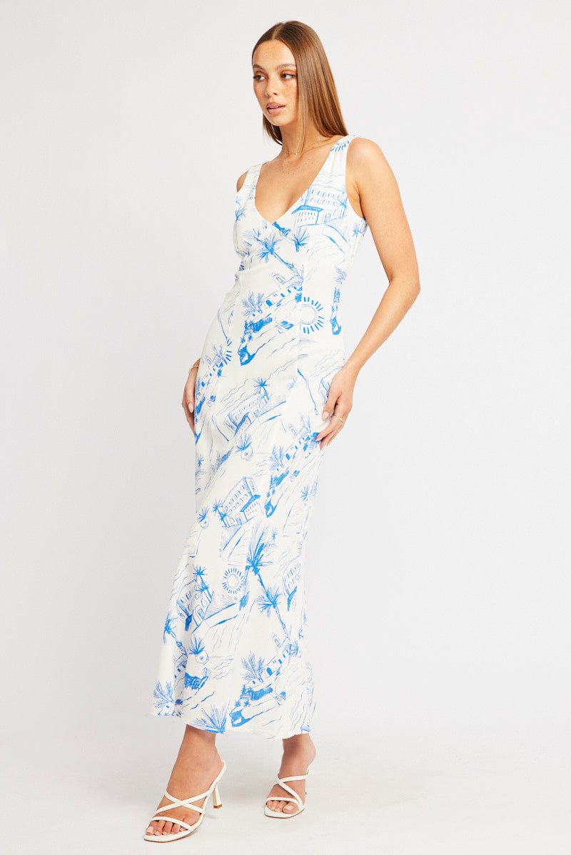 Blue Abstract Midi Dress V Neck Sleeveless for Ally Fashion