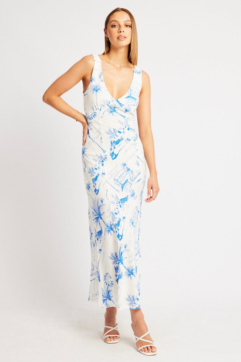 Blue Abstract Midi Dress V Neck Sleeveless for Ally Fashion