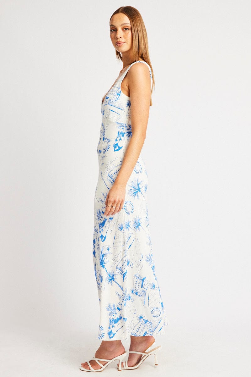 Blue Abstract Midi Dress V Neck Sleeveless for Ally Fashion