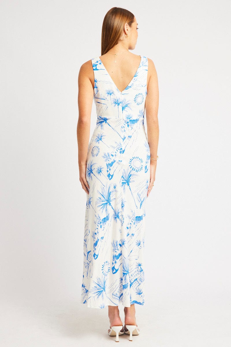 Blue Abstract Midi Dress V Neck Sleeveless for Ally Fashion