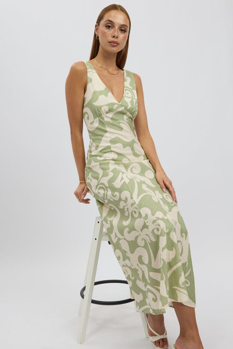 Green Abstract Midi Dress V Neck Sleeveless for Ally Fashion