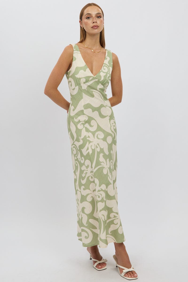 Green Abstract Midi Dress V Neck Sleeveless for Ally Fashion