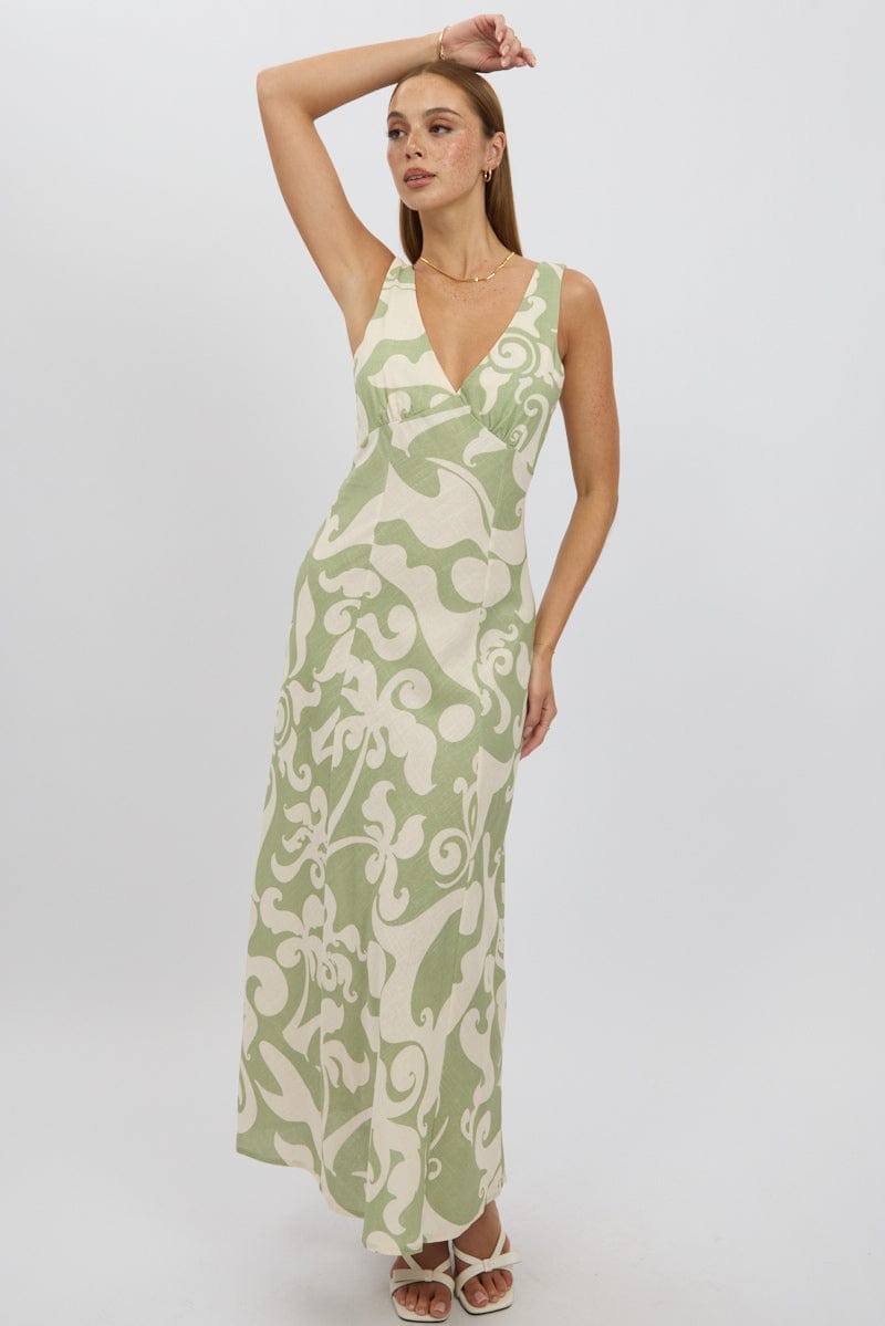 Green Abstract Midi Dress V Neck Sleeveless for Ally Fashion