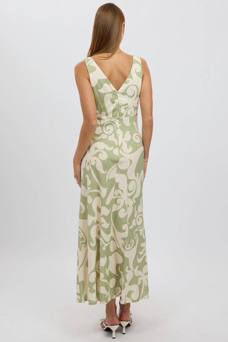 Green Abstract Midi Dress V Neck Sleeveless for Ally Fashion