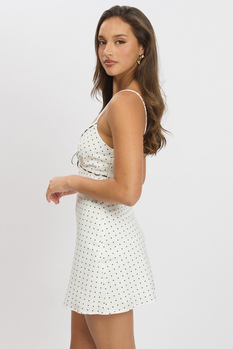 White Polka Dot Mini Dress V-Neck Strappy for Ally Fashion