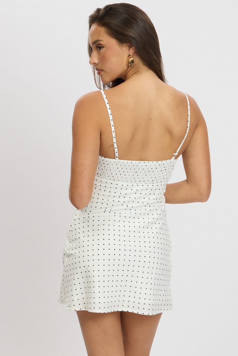 White Polka Dot Mini Dress V-Neck Strappy for Ally Fashion