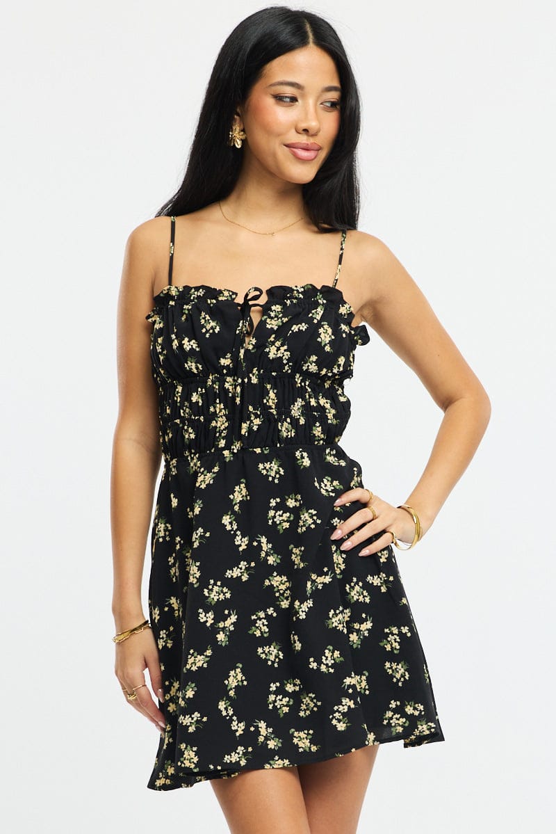 Black Ditsy Fit And Flare Dress Mini for Ally Fashion