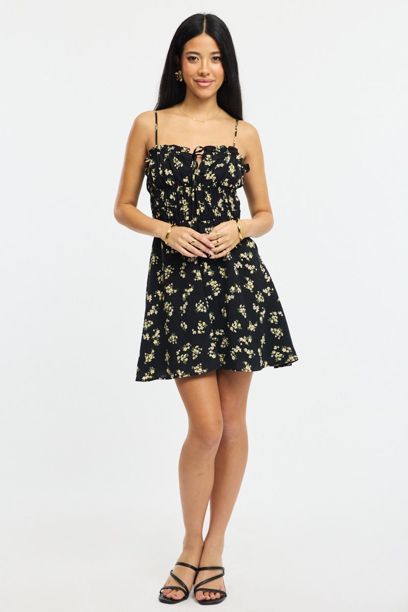 Black Ditsy Fit And Flare Dress Mini for Ally Fashion