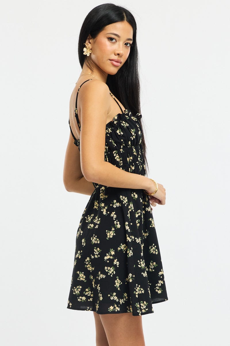 Black Ditsy Fit And Flare Dress Mini for Ally Fashion