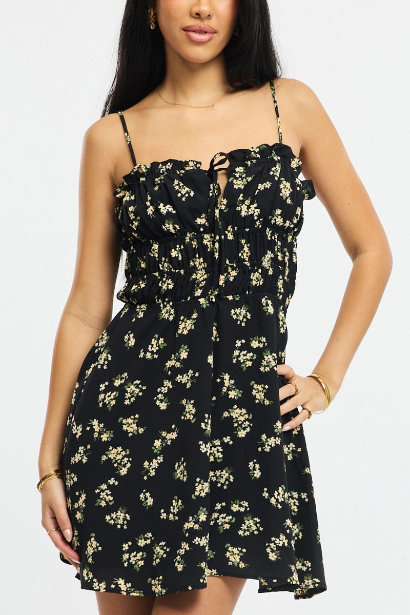 Black Ditsy Fit And Flare Dress Mini for Ally Fashion