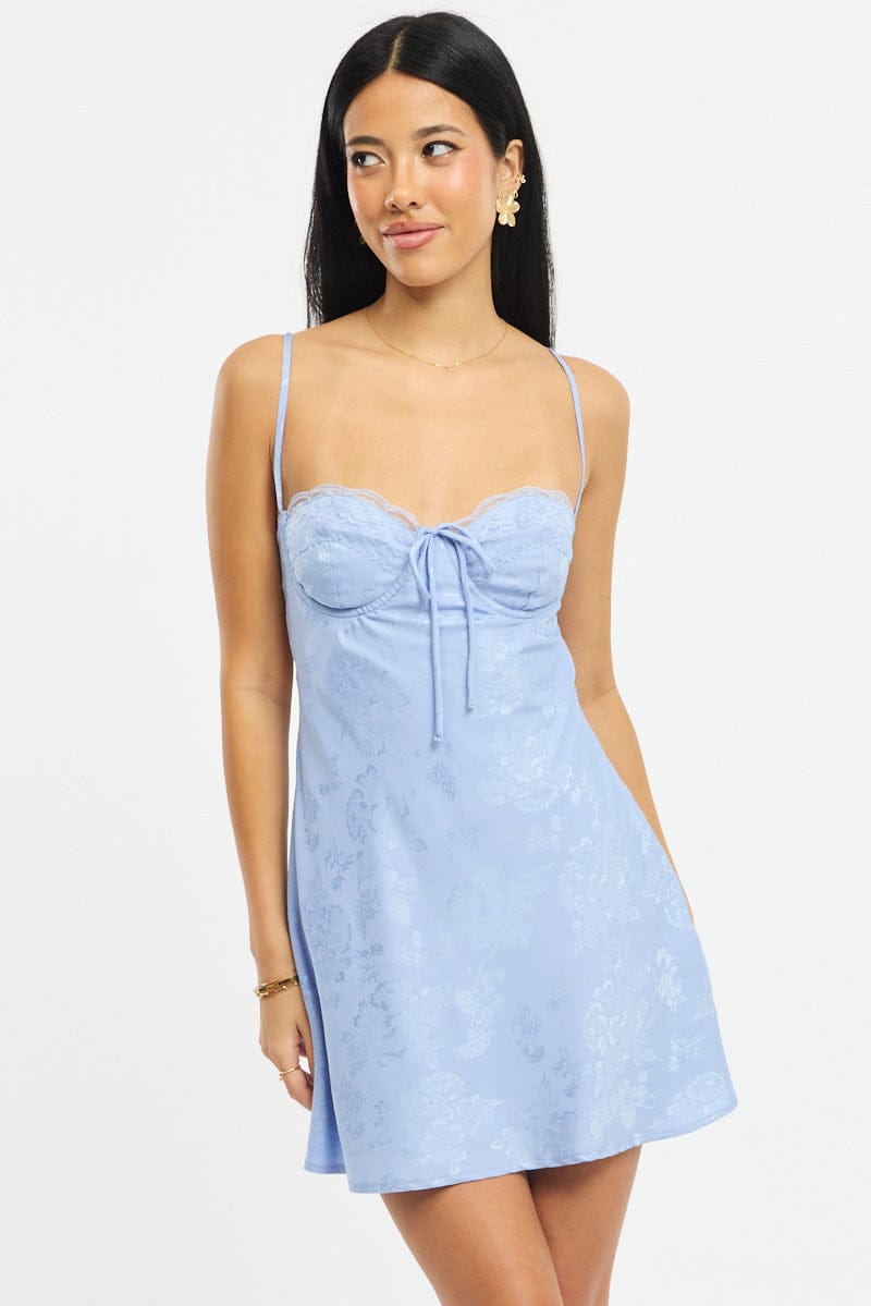 Blue Mini Dress Tie Back Jacquard Fabric for Ally Fashion