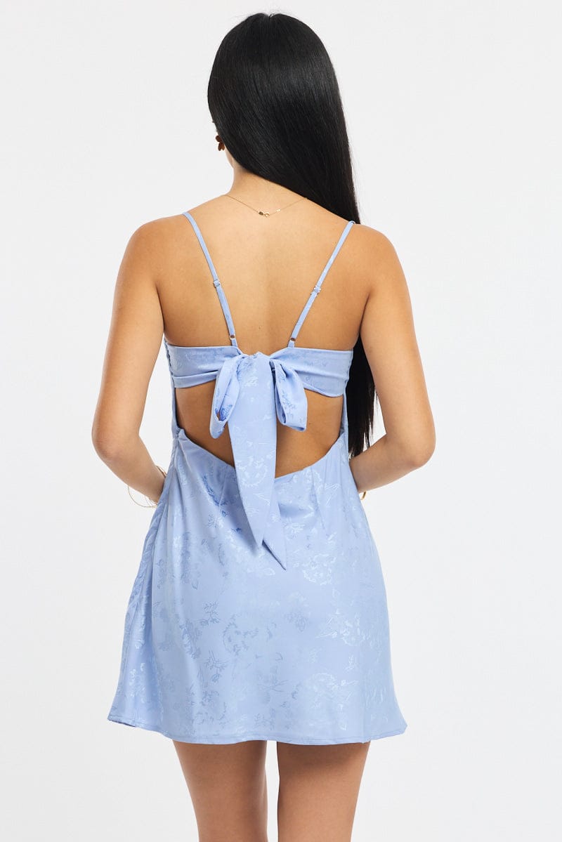 strapless open back dress Blue Mini Dress Tie Back Jacquard Fabric