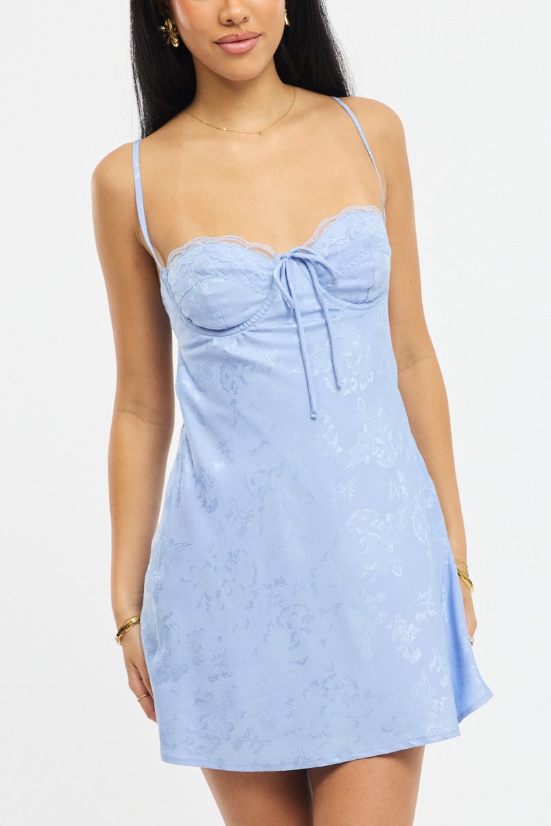 Blue Mini Dress Tie Back Jacquard Fabric for Ally Fashion