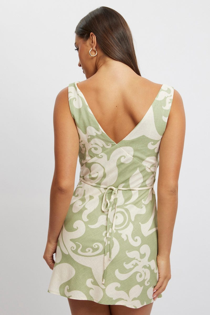 Green Abstract A Line Mini Dress Sleeveless for Ally Fashion