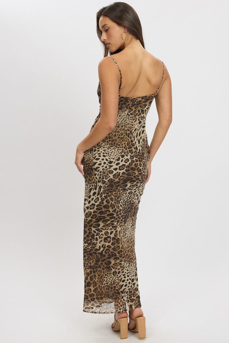 Brown Animal Print Maxi Dress Cowl Neck for Ally Fashion