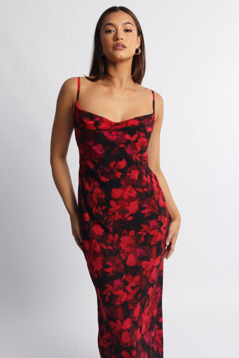 Red Floral Maxi Dress Cowl Neck | Ally Fashion