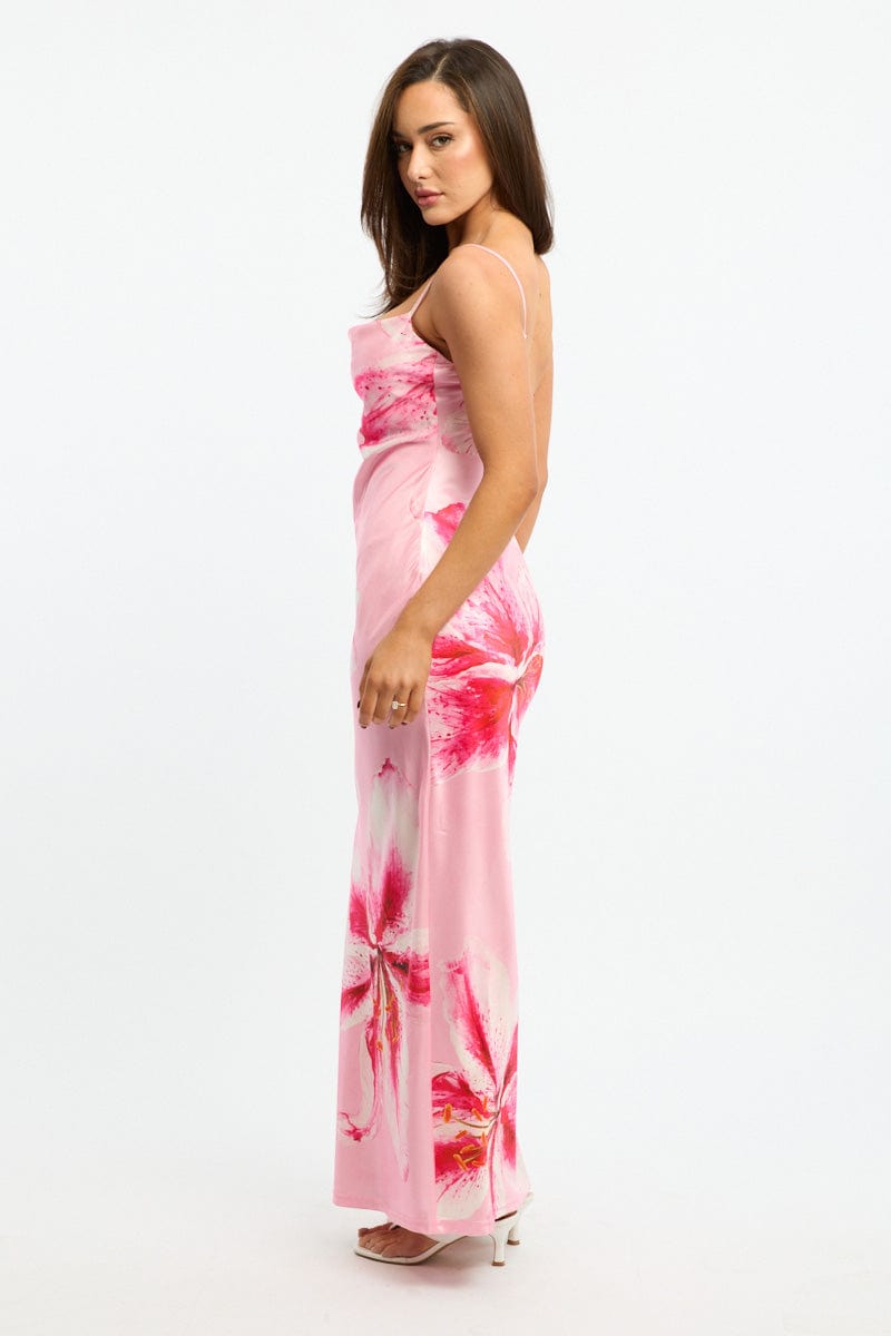 Pink Floral Maxi Dress Cowl Neck for Ally Fashion
