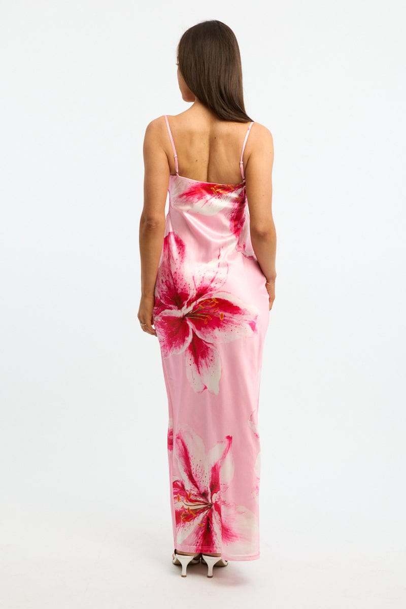 Pink Floral Maxi Dress Cowl Neck for Ally Fashion