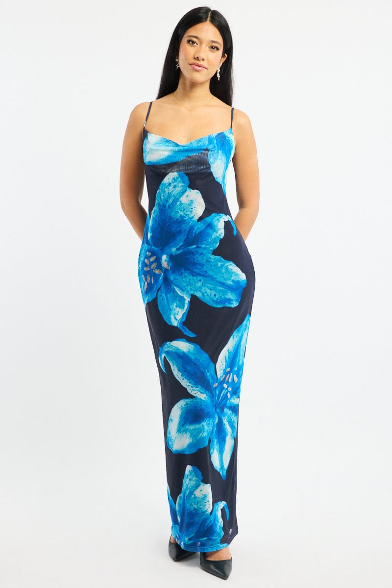 Blue Floral Maxi Dress Cowl Neck Mesh | Ally Fashion Blue Floral Maxi Dress Cowl Neck Mesh | Ally Fashion