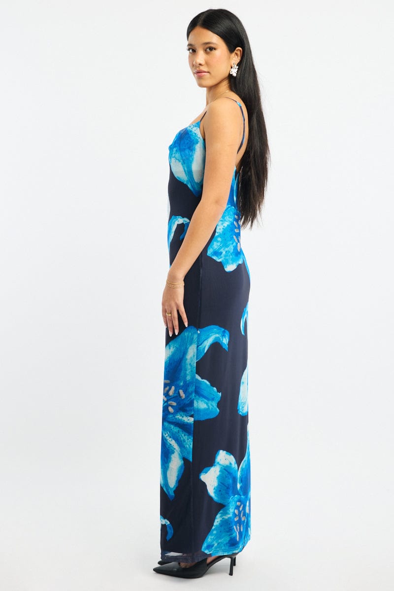 Blue Floral Maxi Dress Cowl Neck Mesh | Ally Fashion Blue Floral Maxi Dress Cowl Neck Mesh | Ally Fashion
