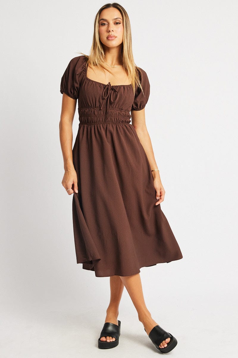 Brown Midi Dress Short Sleeve Ruched Bust for Ally Fashion