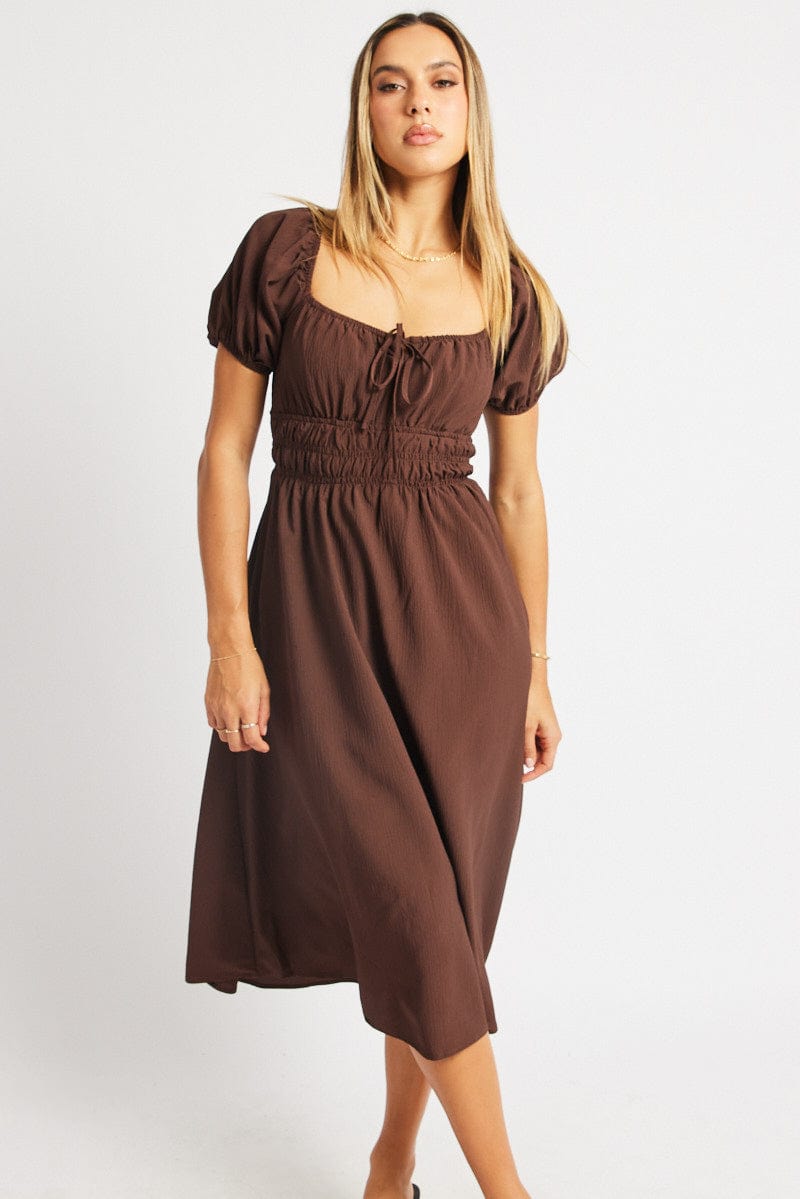 Brown Midi Dress Short Sleeve Ruched Bust for Ally Fashion