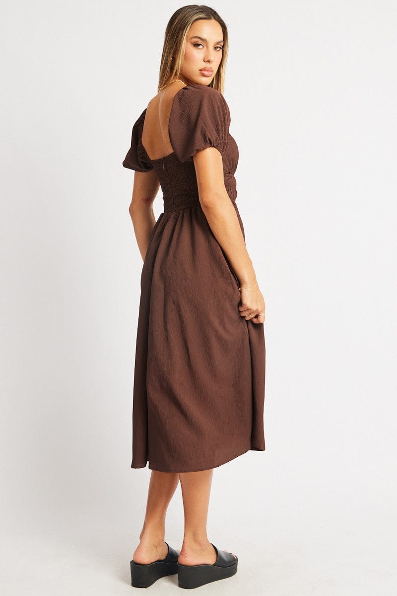 Brown Midi Dress Short Sleeve Ruched Bust for Ally Fashion