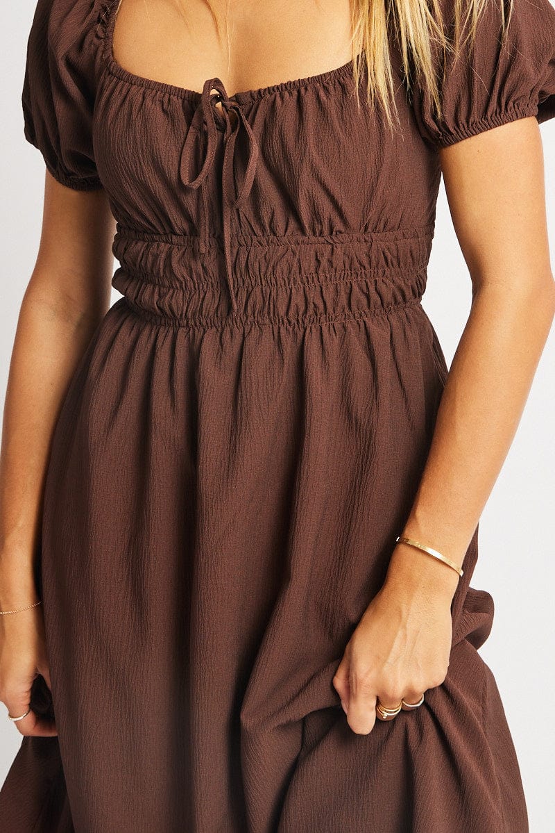 Brown Midi Dress Short Sleeve Ruched Bust for Ally Fashion