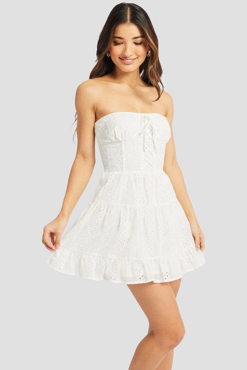 White Strapless Mini Dress Eyelet Fabric for Ally Fashion