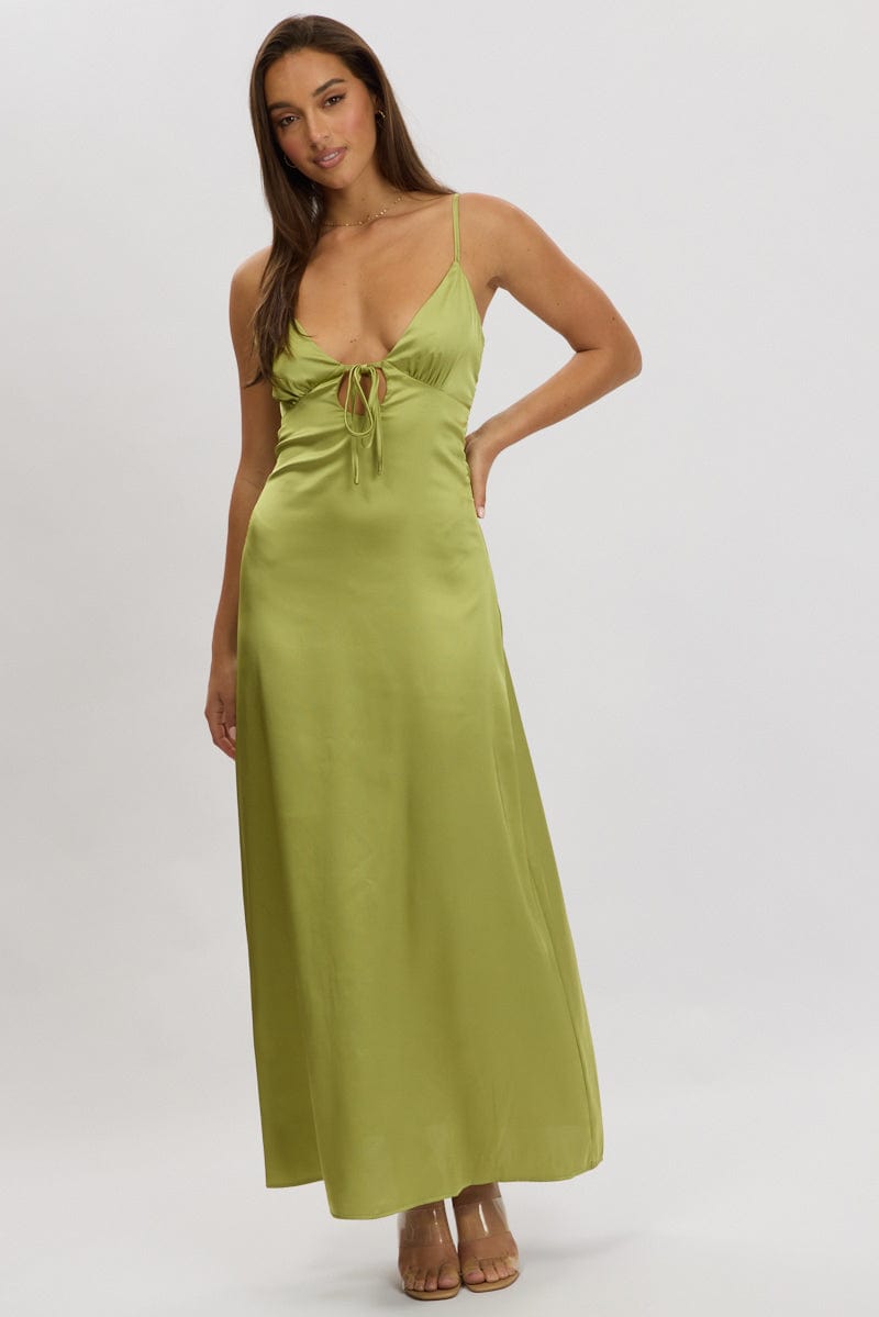 Green Maxi Dress Cut Out Satin for Ally Fashion