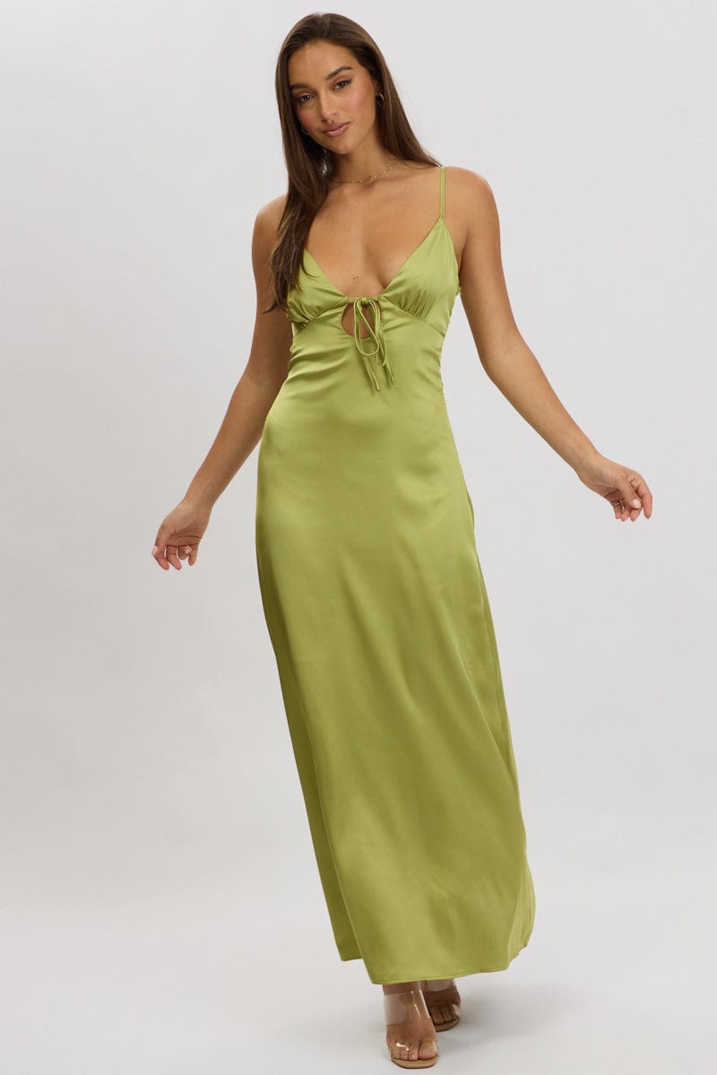 Green Maxi Dress Cut Out Satin for Ally Fashion