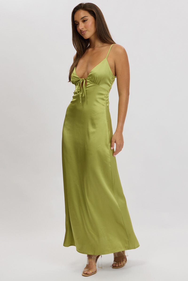 Green Maxi Dress Cut Out Satin for Ally Fashion