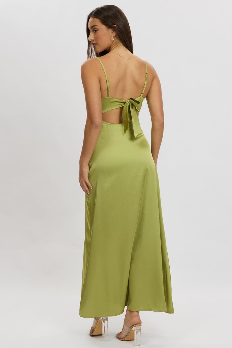 Green Maxi Dress Cut Out Satin for Ally Fashion