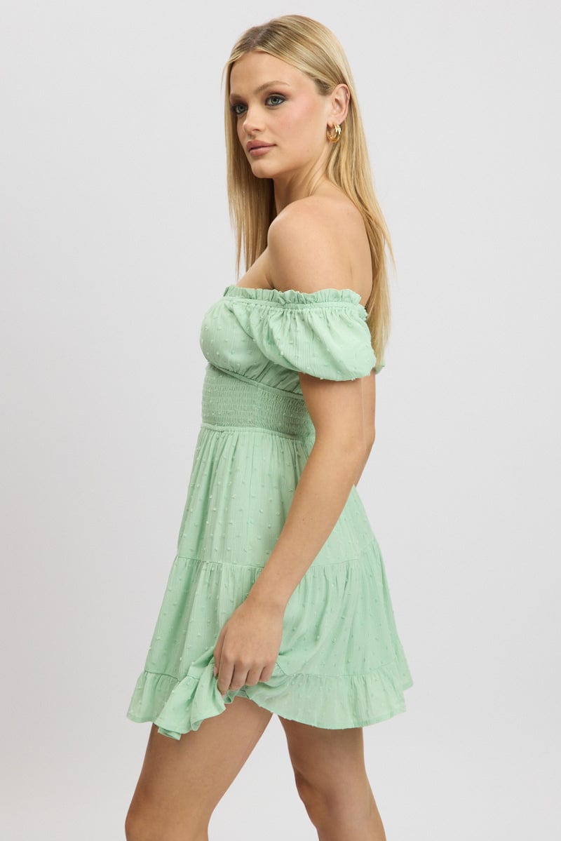 Green Fit And Flare Dress Puff Sleeve Mini | Ally Fashion Green Fit And Flare Dress Puff Sleeve Mini | Ally Fashion