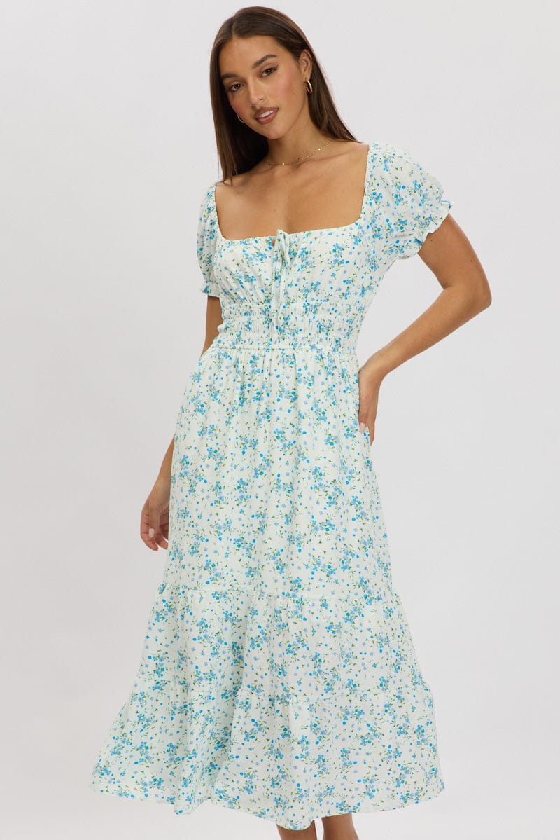 Blue Floral Maxi Dress Puff Sleeve for Ally Fashion